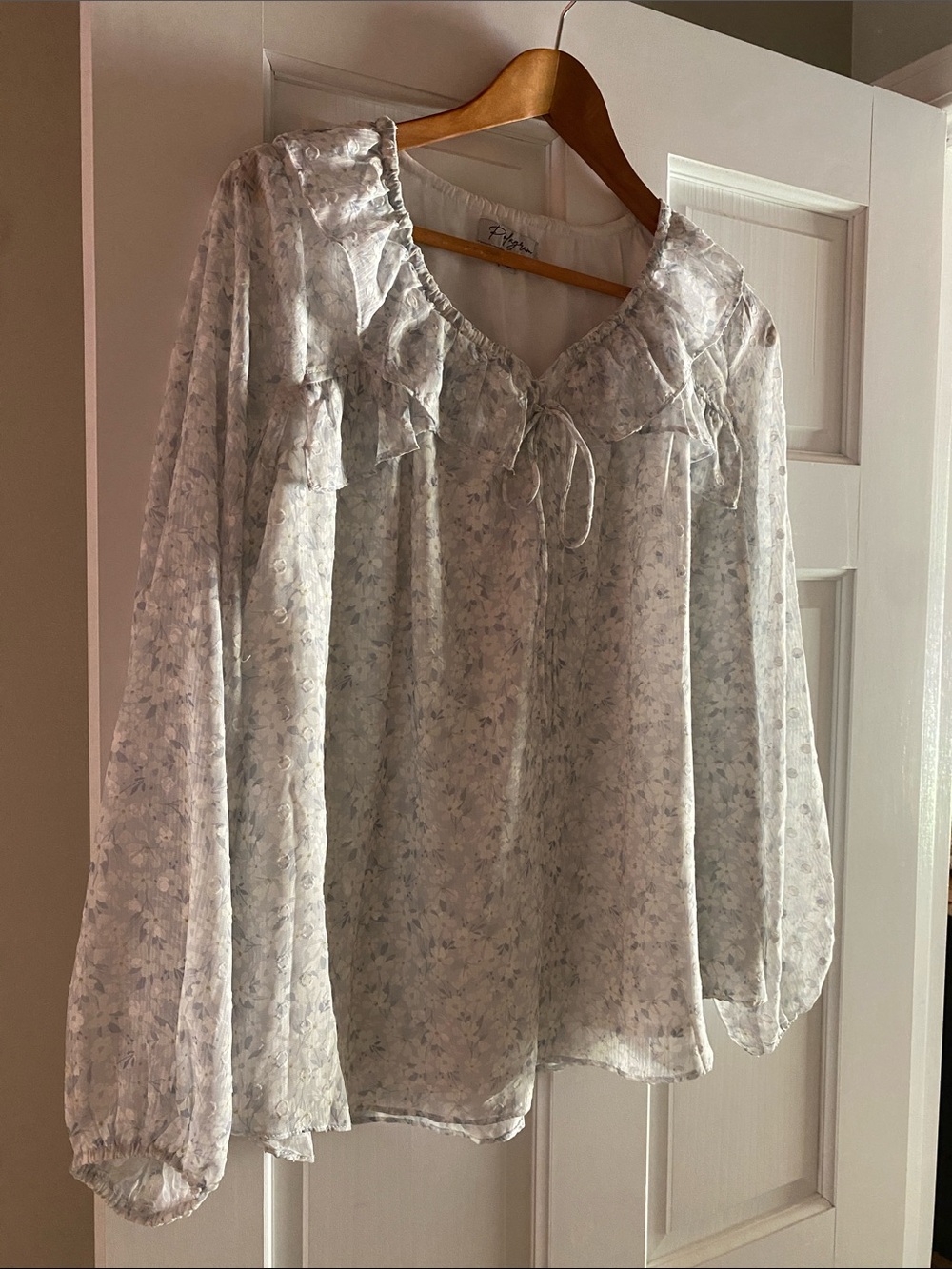 Polagram Light Blue Floral Ruffle Tie-Front Peasant Blouse
